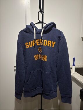 Superdry Navy Hoodie with Orange Logo Text